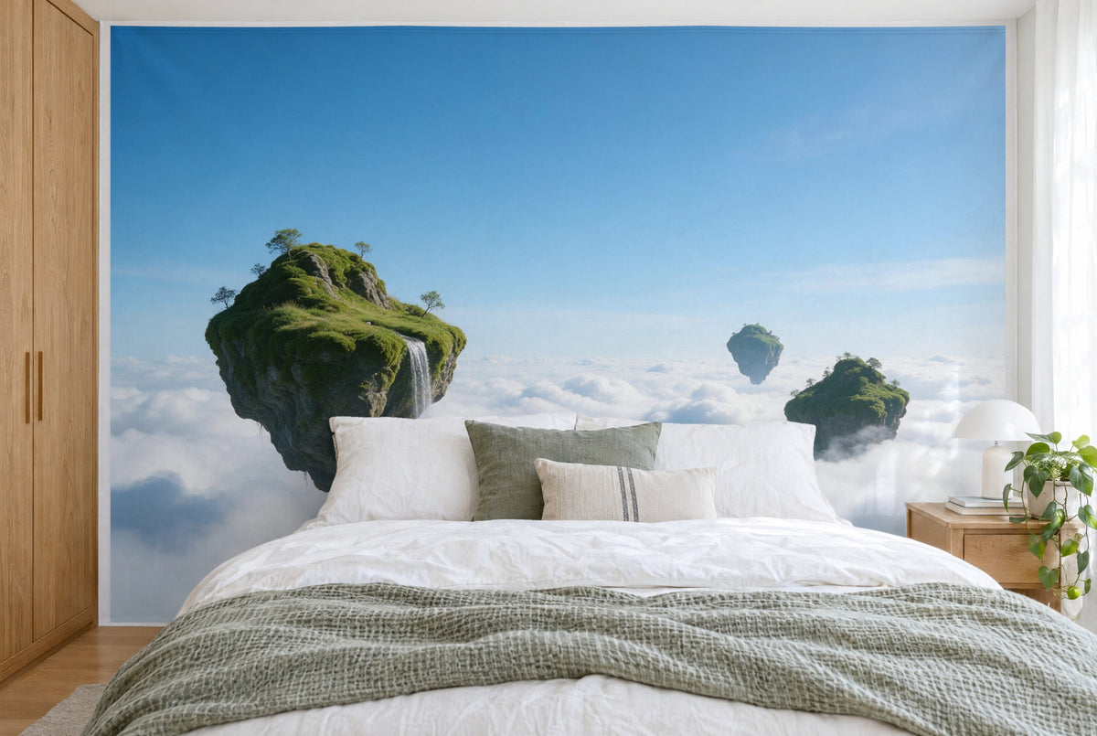 XXL printed fabric: large rock island with waterfall at left, two small islands at right, filling the wall behind the bed
