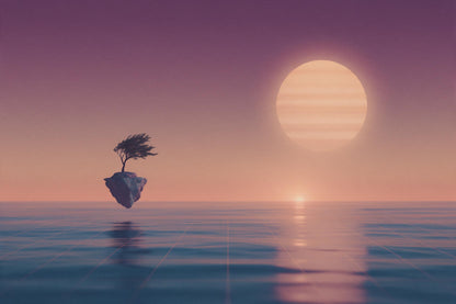 Isla rocosa flotante con árbol y luna retro a rayas sobre el mar como tapiz impreso en tela – violeta y albaricoque
