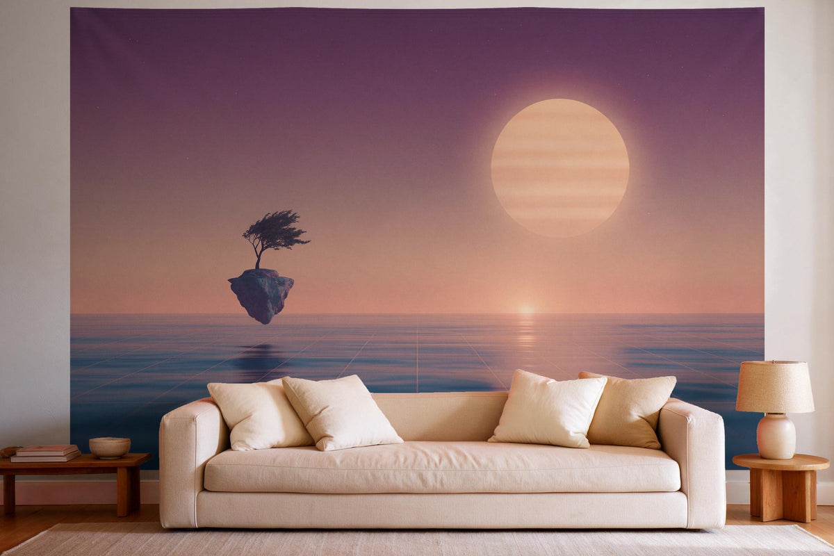 Decoración de pared en un salón luminoso sobre el sofá: tapiz de tela Isla flotante a la luz de la luna retro