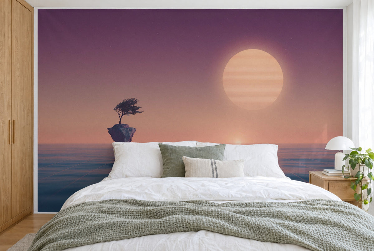 Tela impresa XXL: isla flotante junto a una luna retro de estilo synthwave, cubriendo la pared tras la cama doble