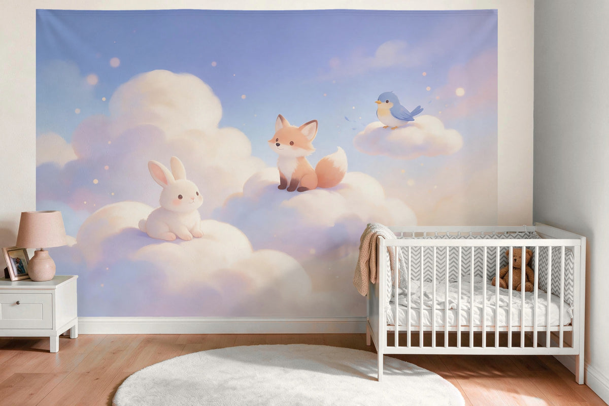 Wandtuch XXL Tiere auf den Wolken als Wanddeko im Babyzimmer über dem Babybett