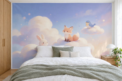 XXL printed fabric: fox in the center, a blue bird at top right, a rabbit at left, filling the wall behind the bed
