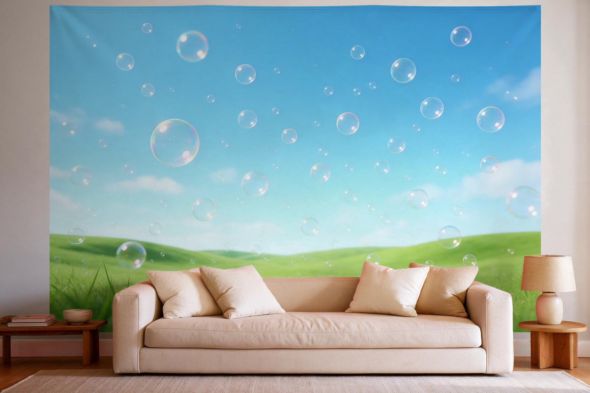 Tapiz de pared XXL Pompas de jabón sobre un prado verde como decoración en un salón luminoso sobre el sofá