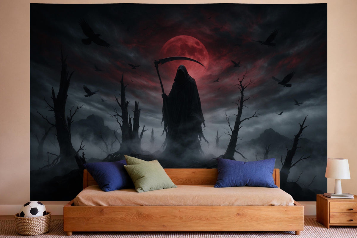 Wall decor in a boys' bedroom: printed fabric tapestry Gothic Grim Reaper in the Fog