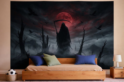 Wall decor in a boys' bedroom: printed fabric tapestry Gothic Grim Reaper in the Fog