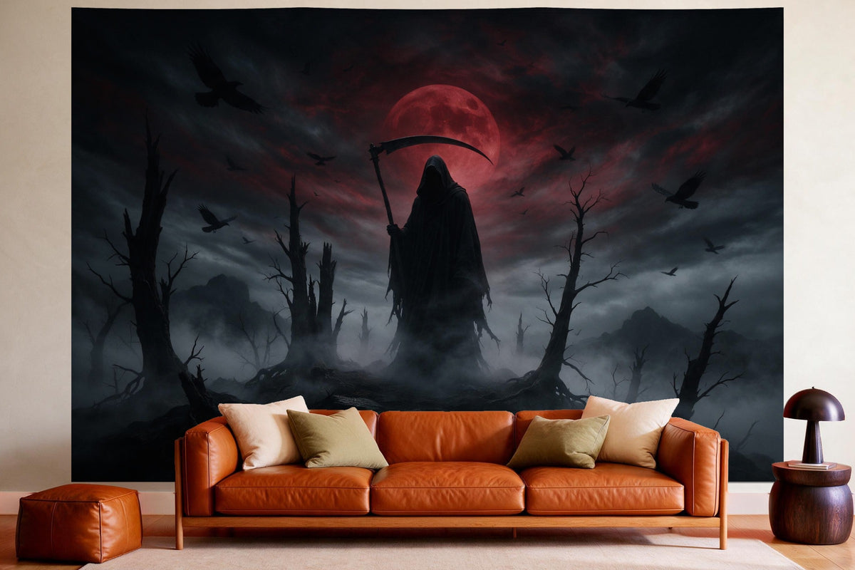 XXL wall tapestry Gothic Grim Reaper in the Fog as wall decor in a cosy living room above the leather sofa