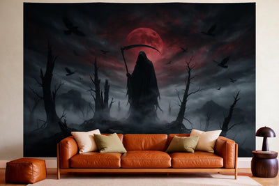 XXL wall tapestry Gothic Grim Reaper in the Fog as wall decor in a cosy living room above the leather sofa