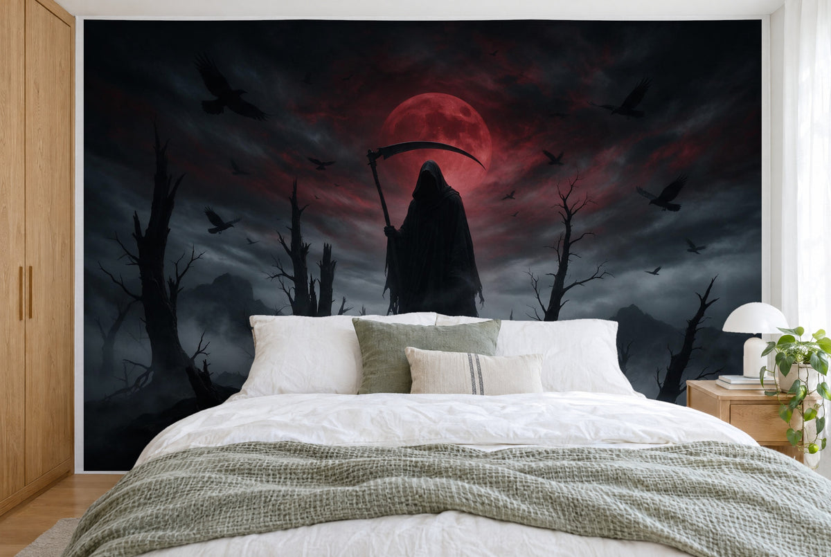 Large wall hanging Gothic Grim Reaper in the Fog in the bedroom, wall-filling behind the bed – printed tapestry