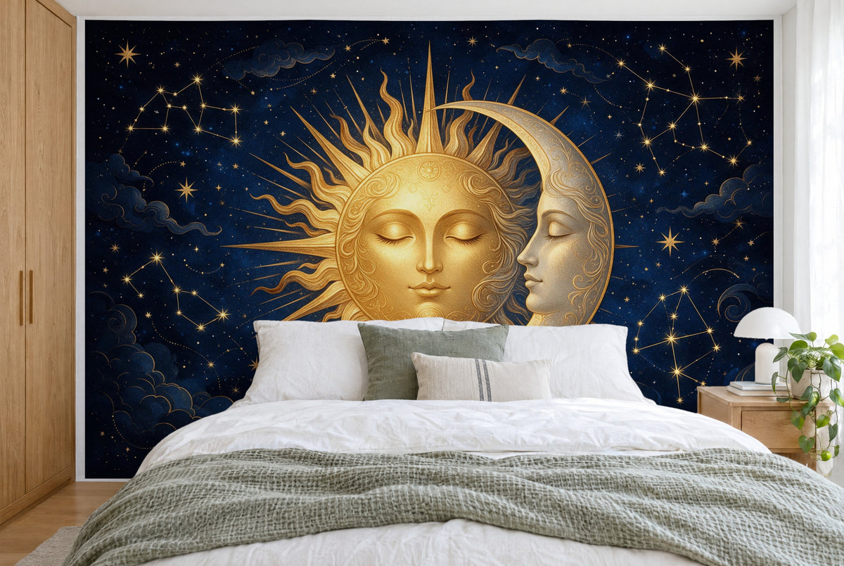 Grosses Wandtuch Sonne und Mond als Gesichter in Gold im Schlafzimmer wandfüllend hinter dem Bett – Wandbehang aus Stoff