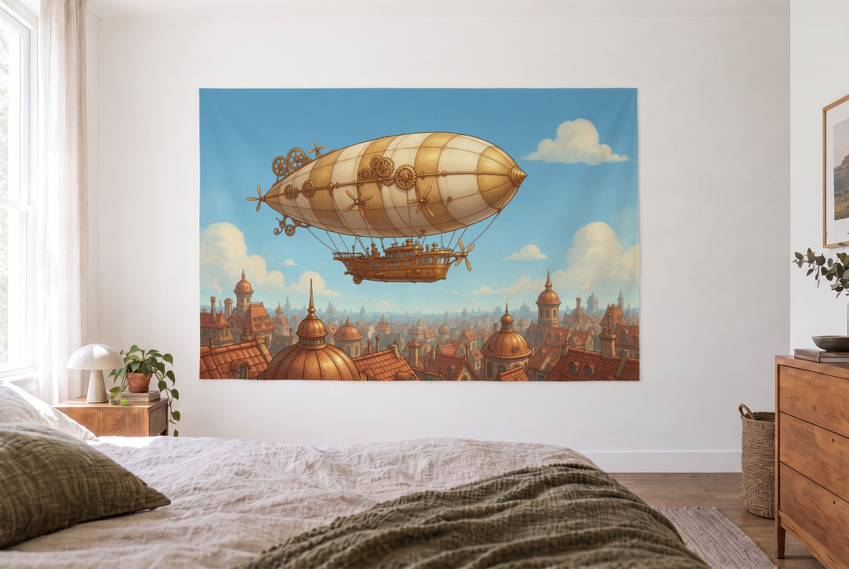 Tenture dirigeable steampunk, chambre claire face au lit, commode en bois à droite – or, bleu et cuivre
