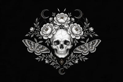 Totenkopf mit Pfingstrosenkranz, zwei Faltern und Mondsicheln in feinen weissen Linien, als Wandtuch, auf Stoff gedruckt