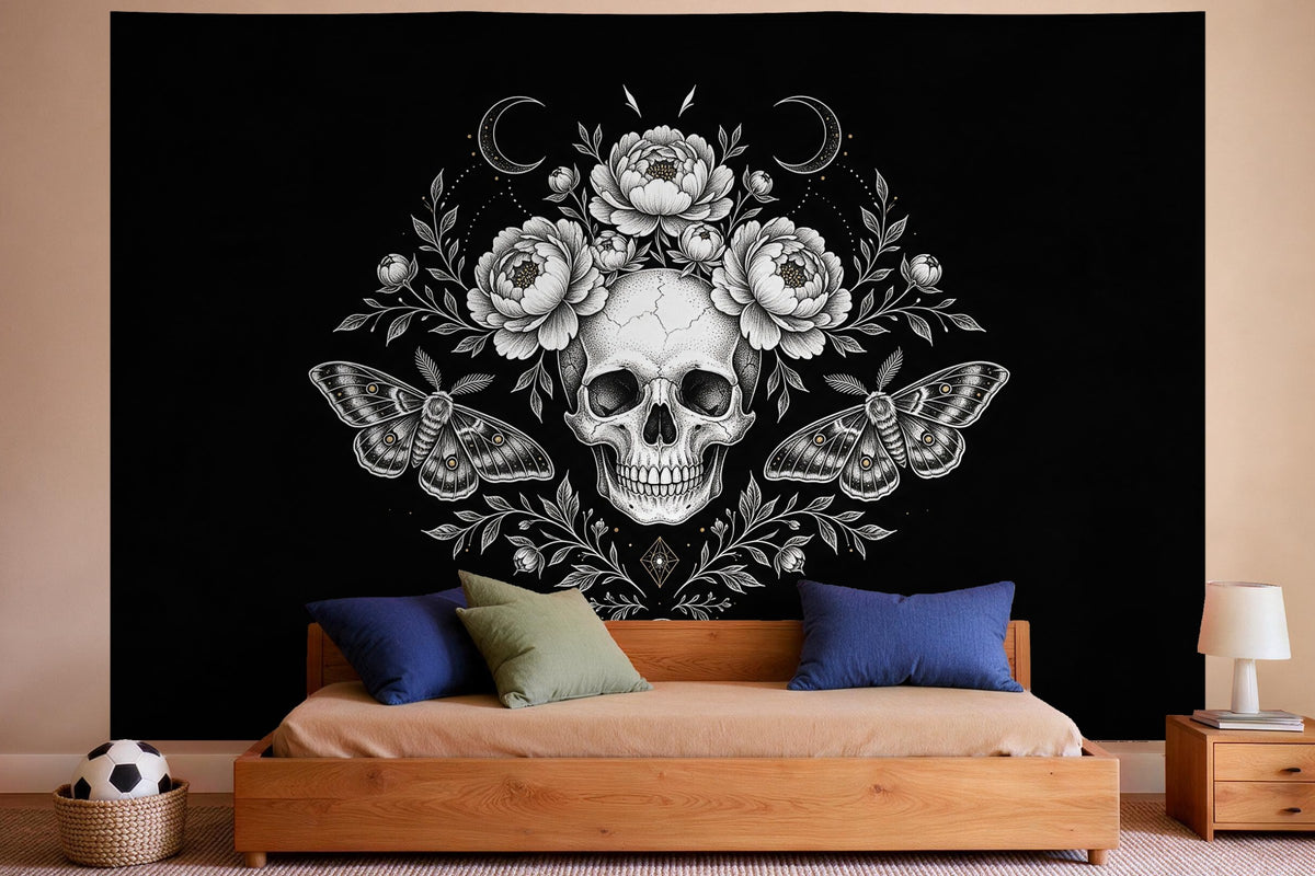 Decoración de pared en un dormitorio de niño: tapiz de tela Calavera con flores en line art