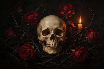 Totenkopf zwischen dunkelroten Rosen und Dornenranken im Kerzenlicht, als Wandtuch, auf Stoff gedruckt – Schwarz und Rot