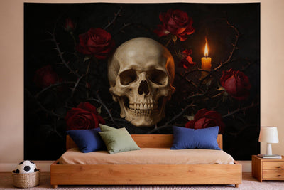 Decoración de pared en un dormitorio de niño: tapiz de tela Calavera con rosas oscuras