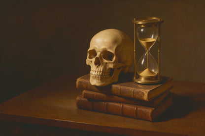 Heller Totenkopf neben Sanduhr aus Messing auf alten Lederbüchern, als Wandtuch, auf Stoff gedruckt – Braun und Gold