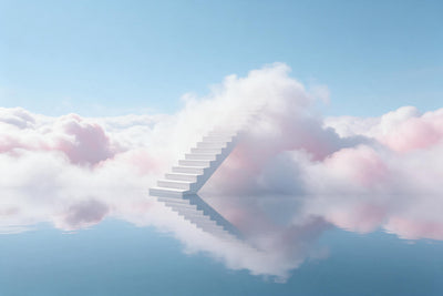 White staircase rising from still water into pink clouds under a blue sky, tapestry printed on fabric – blue and pink