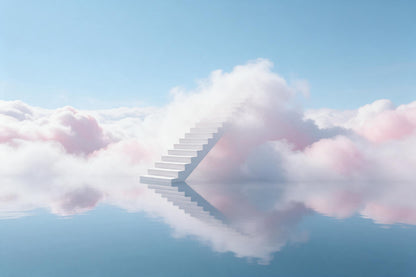 Weisse Treppe steigt aus stillem Wasser in rosa Wolken unter blauem Himmel, als Wandtuch, auf Stoff gedruckt – Blau und Rosa