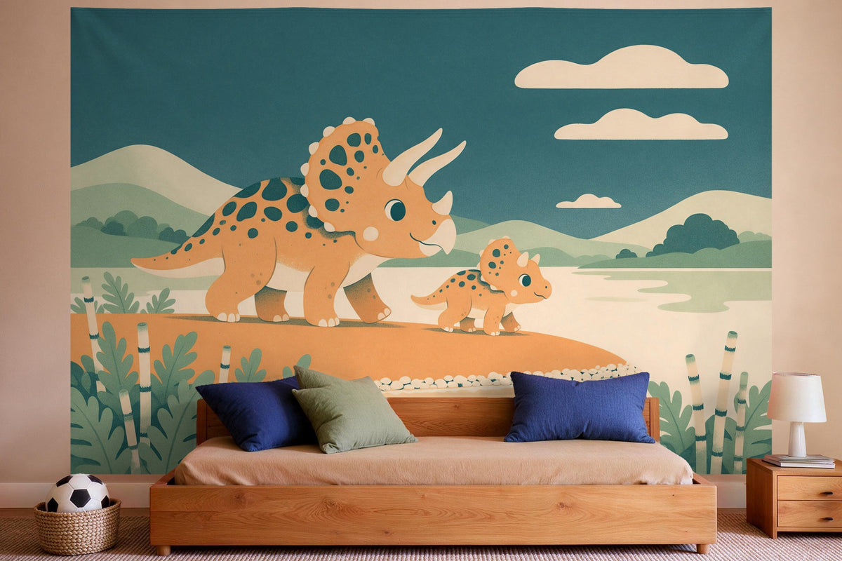 Wandtuch XXL Dinosaurier am Fluss im Siebdruck-Stil als Wanddeko im Jungen-Kinderzimmer
