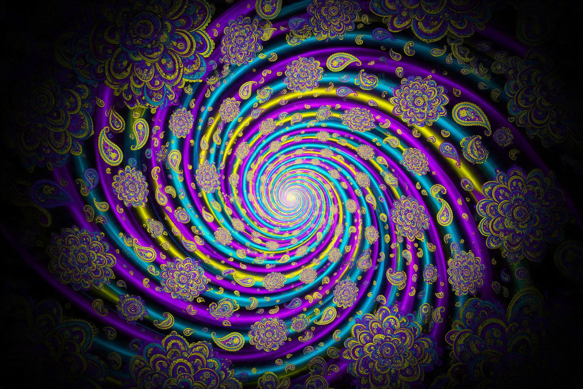 Trippy spiral of neon violet, turquoise and yellow with paisley patterns around a glowing center, tapestry printed on fabric
