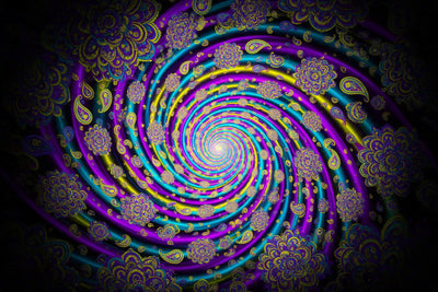 Trippy spiral of neon violet, turquoise and yellow with paisley patterns around a glowing center, tapestry printed on fabric