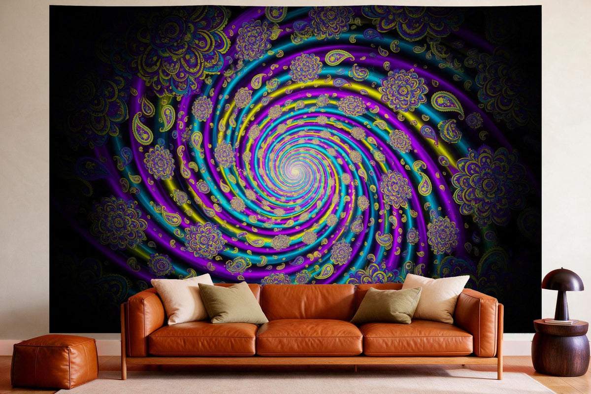 Wandtuch XXL Trippy Farbspirale als Wanddeko im gemütlichen Wohnzimmer über dem Ledersofa