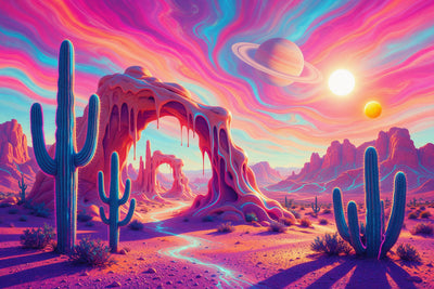 Desierto trippy con cactus, arco de roca derretido y dos soles, tapiz impreso en tela – rosa y turquesa
