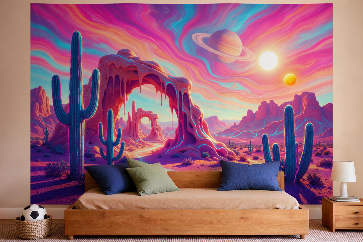Déco murale dans une chambre de garçon : tenture murale Désert trippy avec cactus, imprimée sur tissu