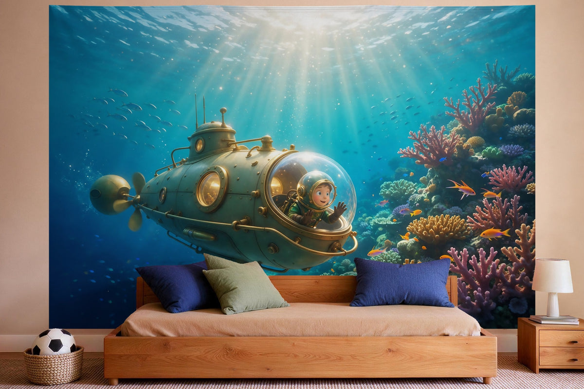 Wandtuch XXL U-Boot im Korallenriff als Wanddeko im Jungen-Kinderzimmer