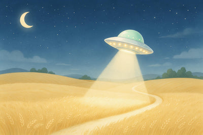 Retro-UFO mit Lichtkegel über goldenem Weizenfeld unter Sternenhimmel, als Wandtuch, auf Stoff gedruckt – Blau und Gold