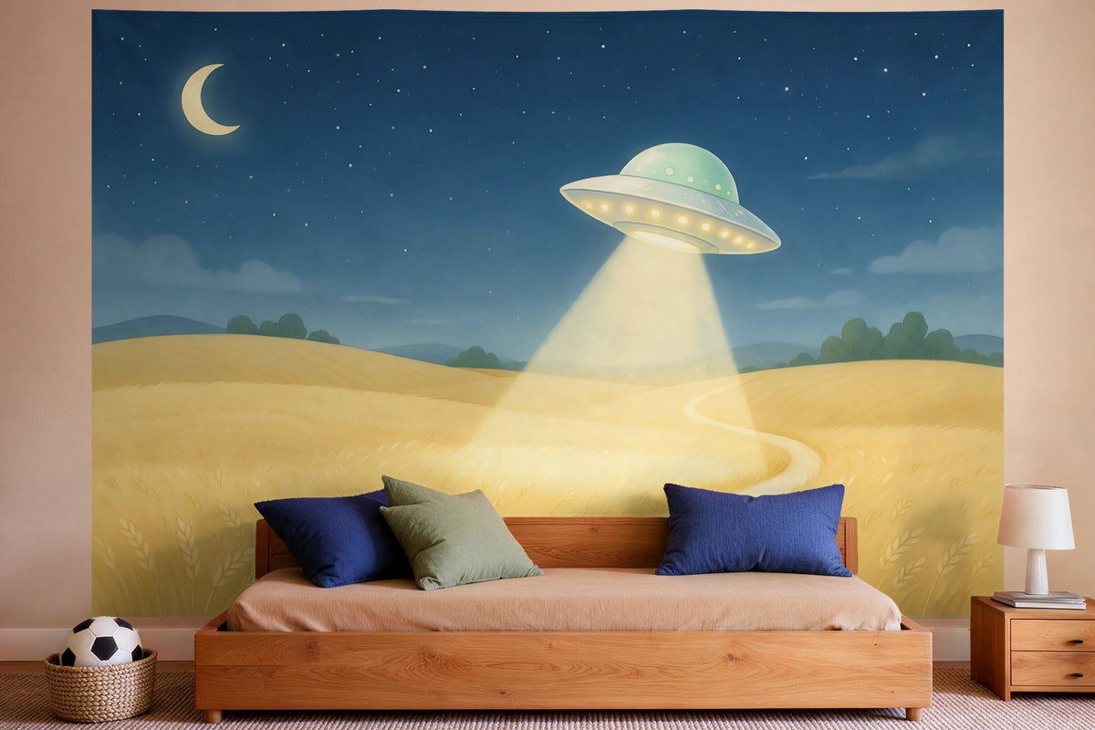 Tapiz de pared XXL Ovni sobre el campo de trigo como decoración en un dormitorio de niño