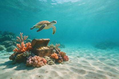 Cofre del tesoro abierto con monedas de oro y tortuga marina en el arrecife, tapiz impreso en tela