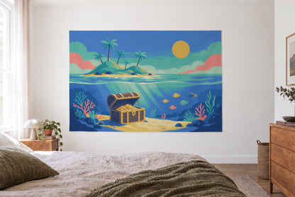 Screen-print treasure chest tapestry in a bright bedroom opposite the bed, wooden dresser at right – blue and yellow