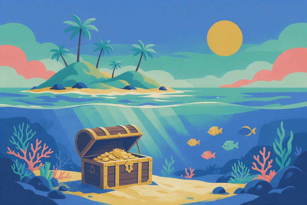 Underwater world with treasure chest on the seabed and palm island above, tapestry printed on fabric – blue and green