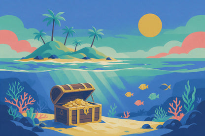 Underwater world with treasure chest on the seabed and palm island above, tapestry printed on fabric – blue and green