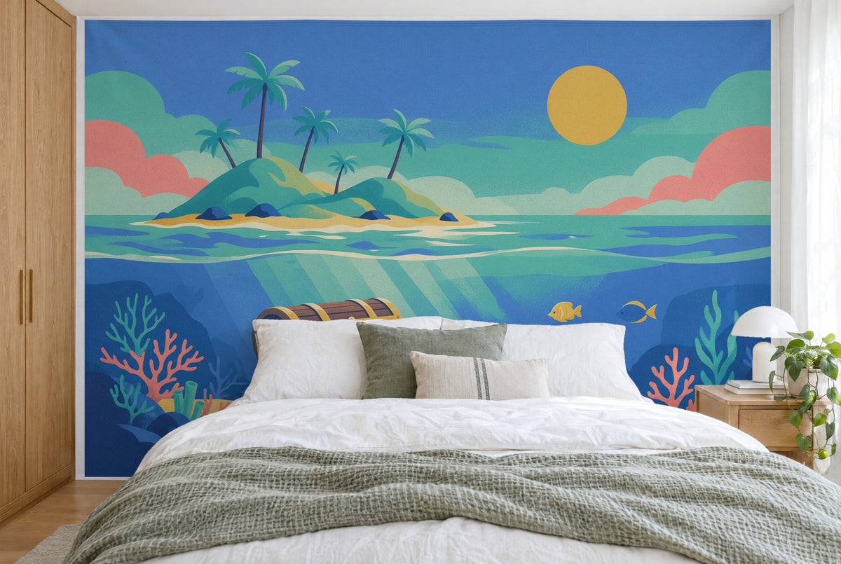 XXL printed fabric: treasure chest left under light beams and palm island, filling the wall behind the bed