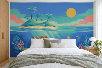 XXL printed fabric: treasure chest left under light beams and palm island, filling the wall behind the bed