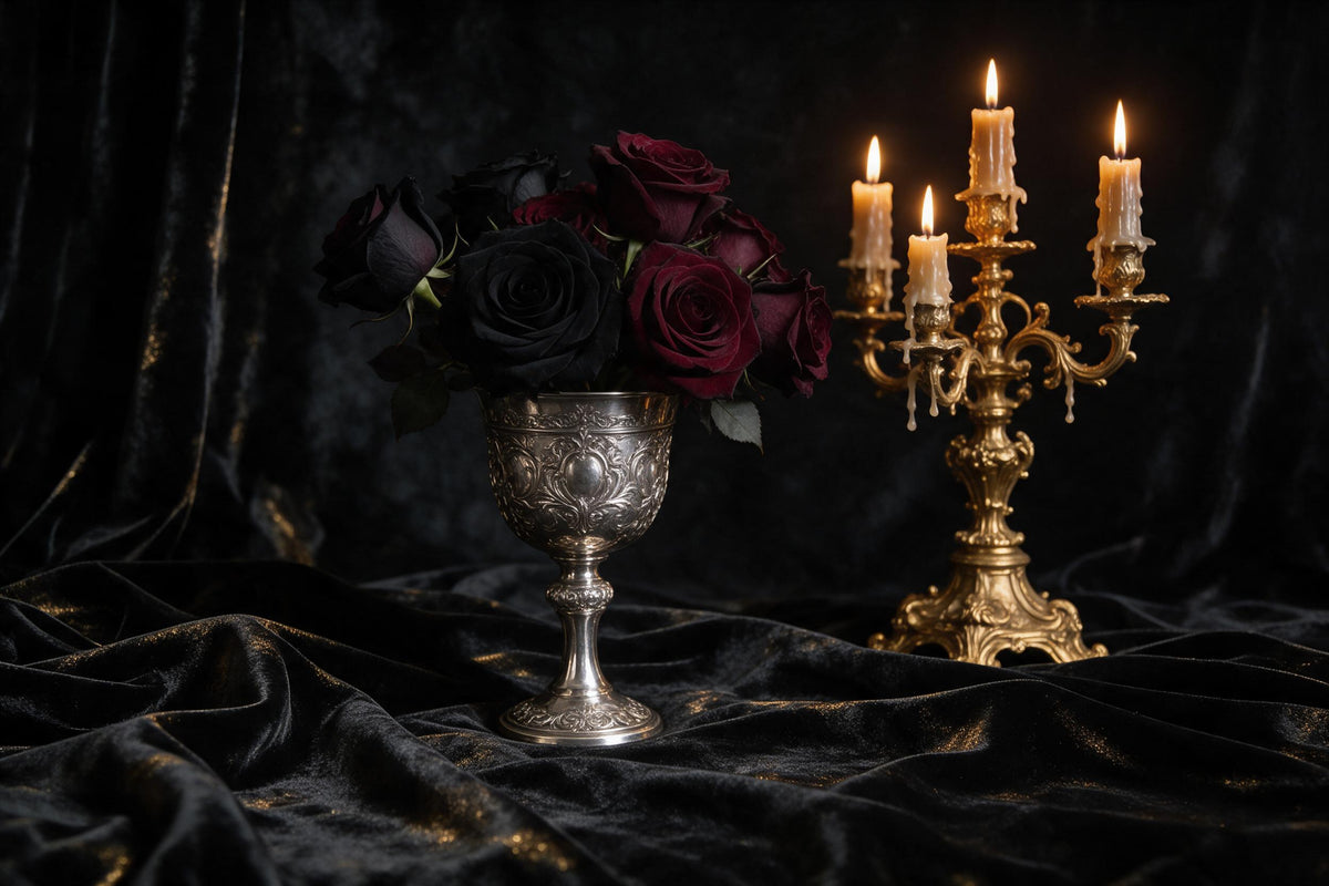 Roses gothiques noires et rouges en coupe d'argent près d'un chandelier baroque, tenture murale imprimée sur tissu – or
