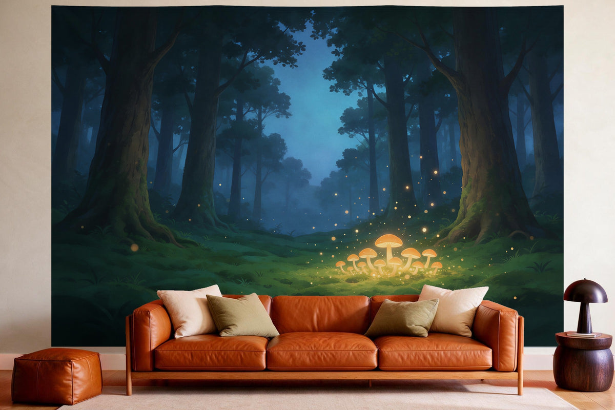 Tapiz de pared XXL Claro de bosque luminoso en la hora azul como decoración en un salón acogedor sobre el sofá de cuero