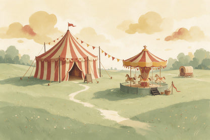 Circo vintage con carpa a rayas y carrusel en el prado, tapiz impreso en tela – rojo y verde