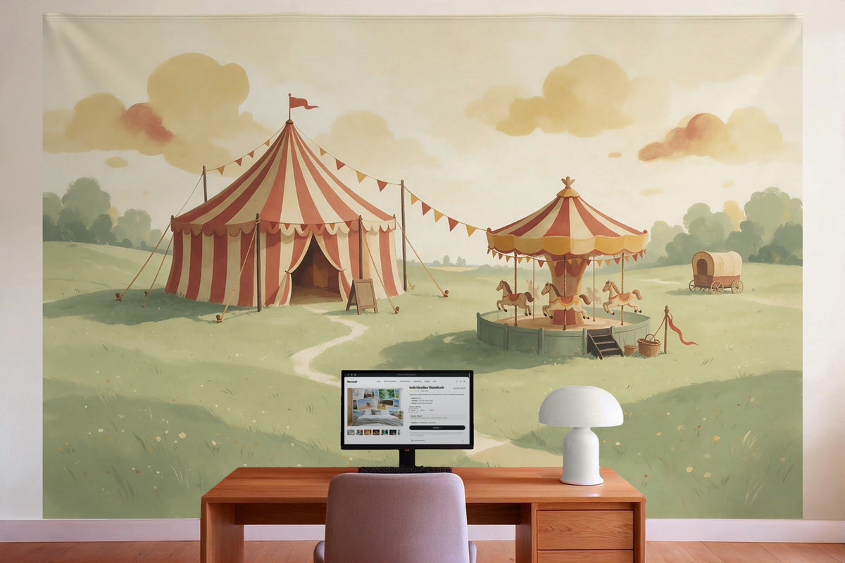 Decoración de pared en la oficina detrás del escritorio: tapiz de tela Circo vintage con carpa y carrusel