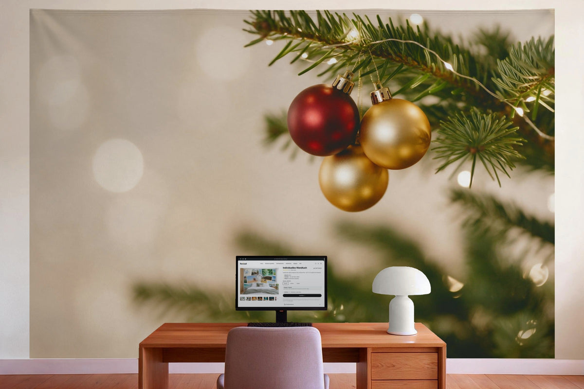 Wall decor in a home office behind the desk: printed fabric tapestry Christmas Baubles on a Fir Branch