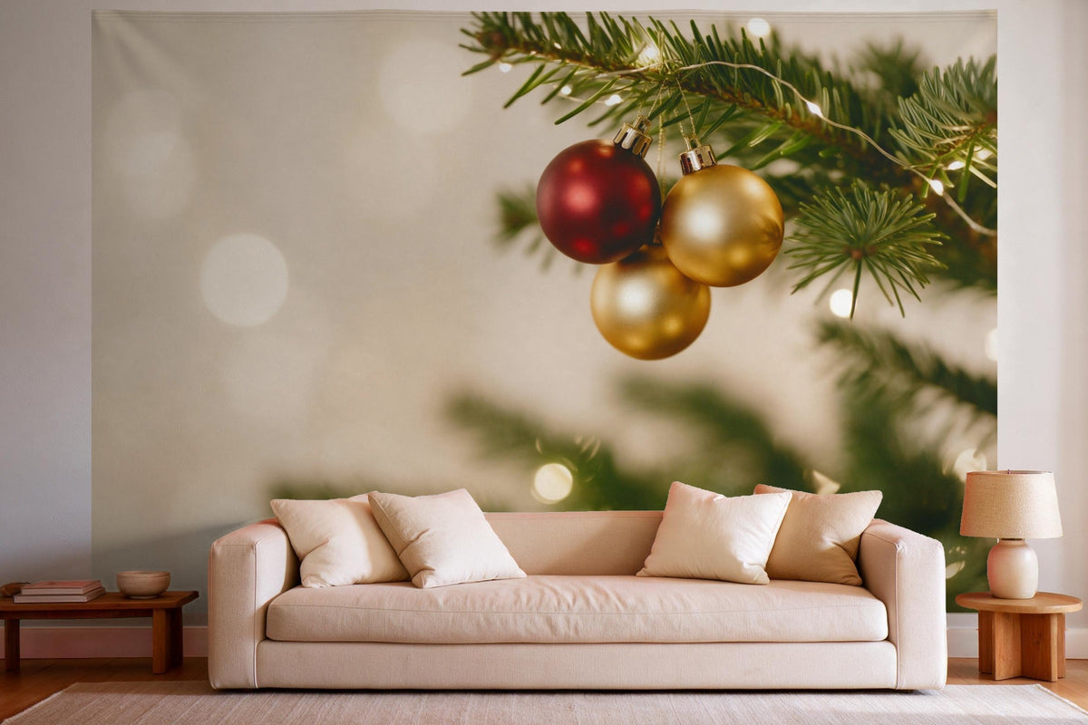 XXL wall tapestry Christmas Baubles on a Fir Branch as wall decor in a bright living room above the sofa