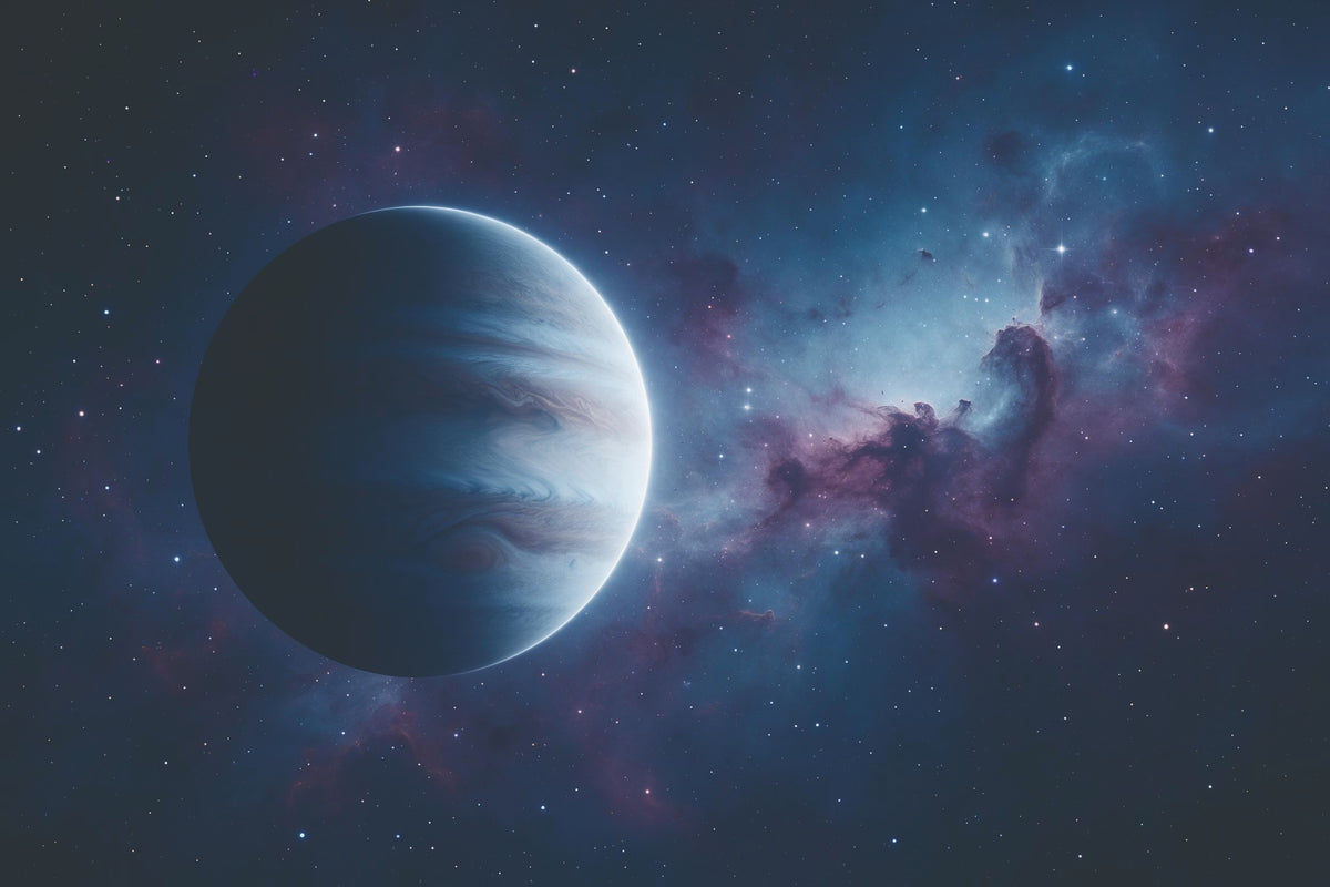 Planète gazeuse devant une nébuleuse spatiale colorée et des étoiles en bleu et violet, tenture murale imprimée sur tissu