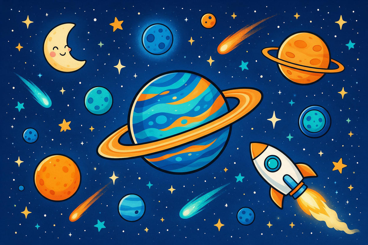 Weltraum mit blauem Ringplaneten, Rakete, lächelndem Mond und Kometen, als Wandtuch, auf Stoff gedruckt – Blau und Orange