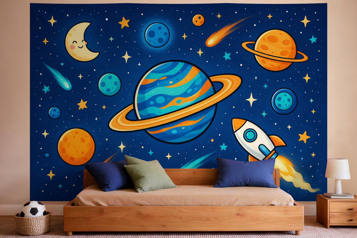 Tenture murale XXL Espace avec planètes en style BD en déco murale dans une chambre de garçon