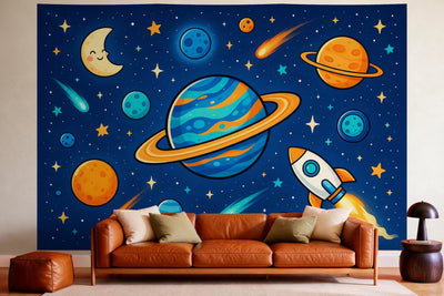 Wall decor in a cosy living room above the leather sofa: printed fabric tapestry Space with Planets in Comic Style