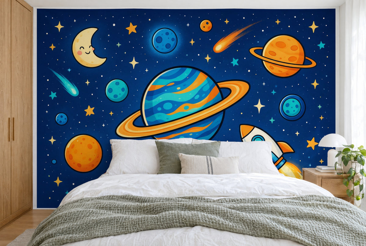 Bedruckter Stoff im XXL-Format: Ringplanet in der Mitte, Rakete rechts, Mond und Kometen ringsum, wandfüllend hinter dem Bett