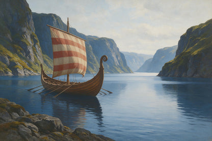 Wikingerschiff mit rot-weiss gestreiftem Segel links im Fjord, als Wandtuch, auf Stoff gedruckt – Blau und Grün