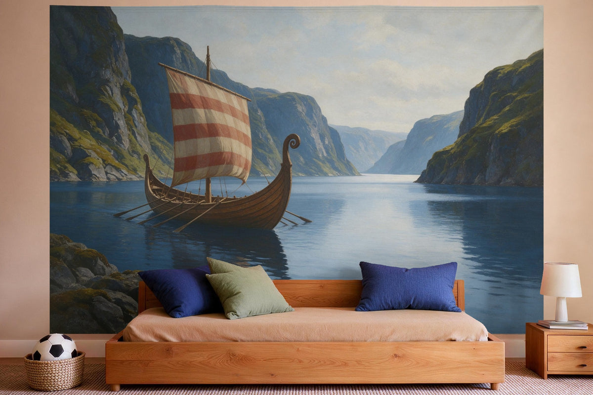 XXL wall tapestry Viking Ship in the Fjord as wall decor in a boys' bedroom