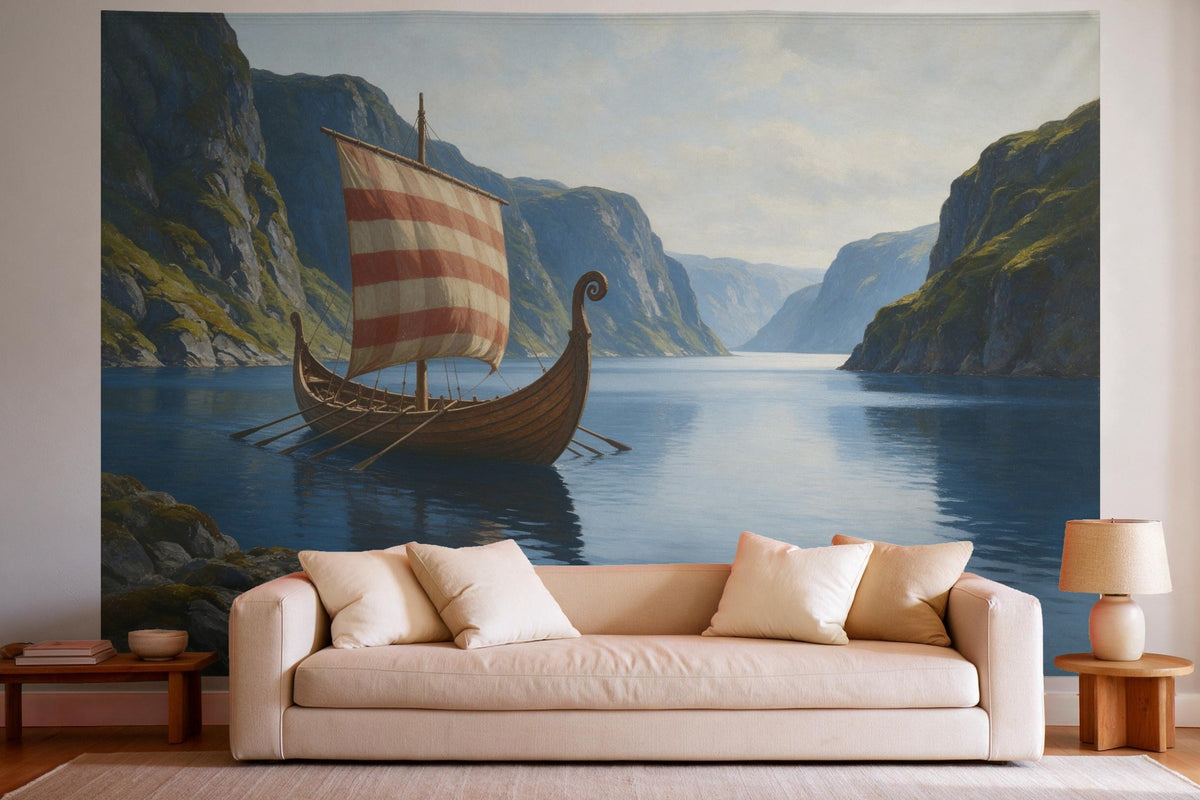 Wall decor in a bright living room above the sofa: printed fabric tapestry Viking Ship in the Fjord